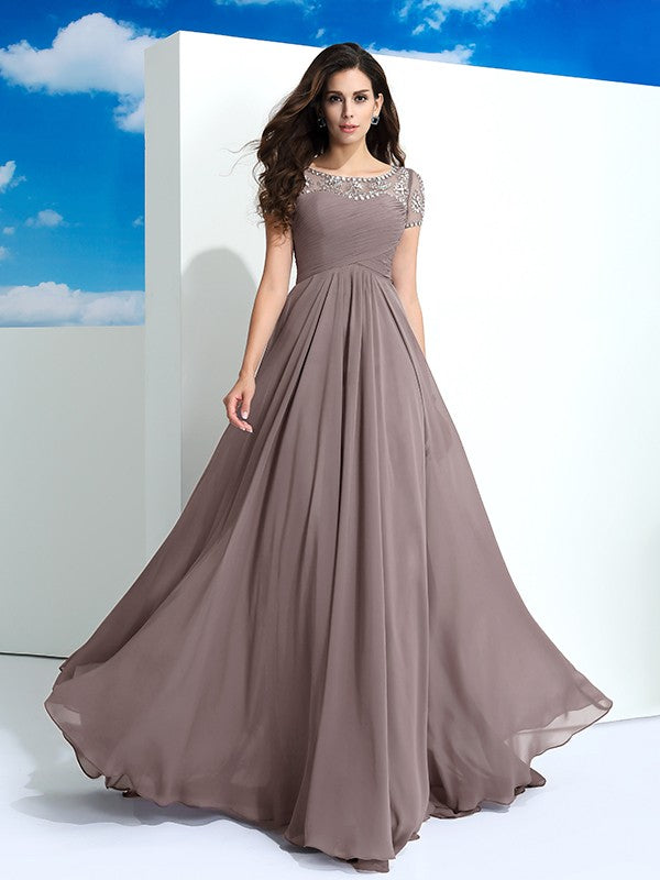 Vestidos largos de gasa de corte A/princesa, cuello transparente, mangas cortas y abalorios